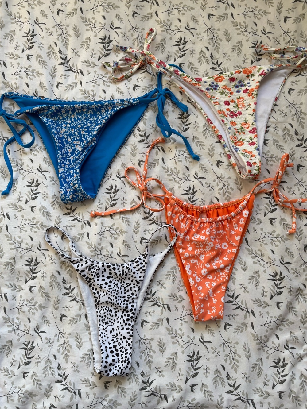SHEIN Blue, White, Orange & Floral Mix Tie-Side Bikini Bottoms